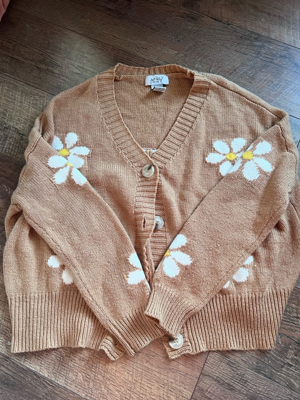 Daisy-Detail Tan V-Neck Cardigan Sweater